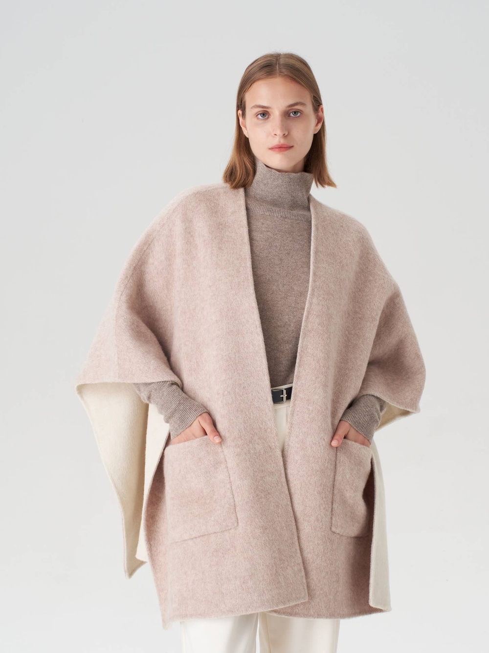 Oversized Creamy Blush Open-Front Wool Blend Sweater Coat